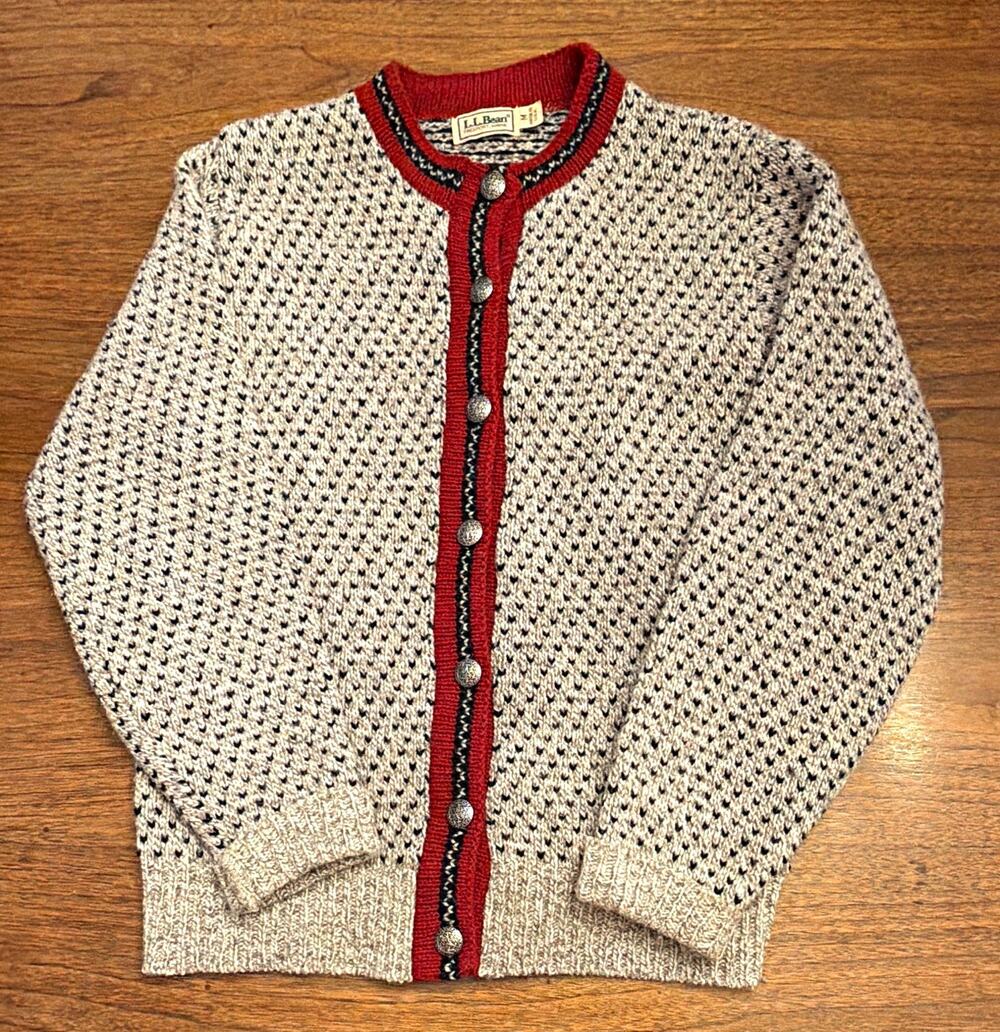 VTG LLBean Wool Knit Cardigan Sweater Women M Beige Red Preppy Old Money Luxury